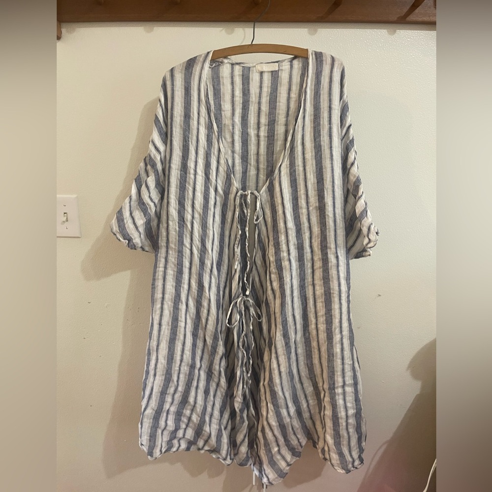 cp shades striped double tie front 100% linen oversized cover up kaftan